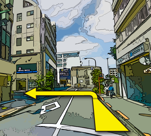 「三井住友銀行」、「たましん」を左に見ながら通過し、一つ目の角を左折